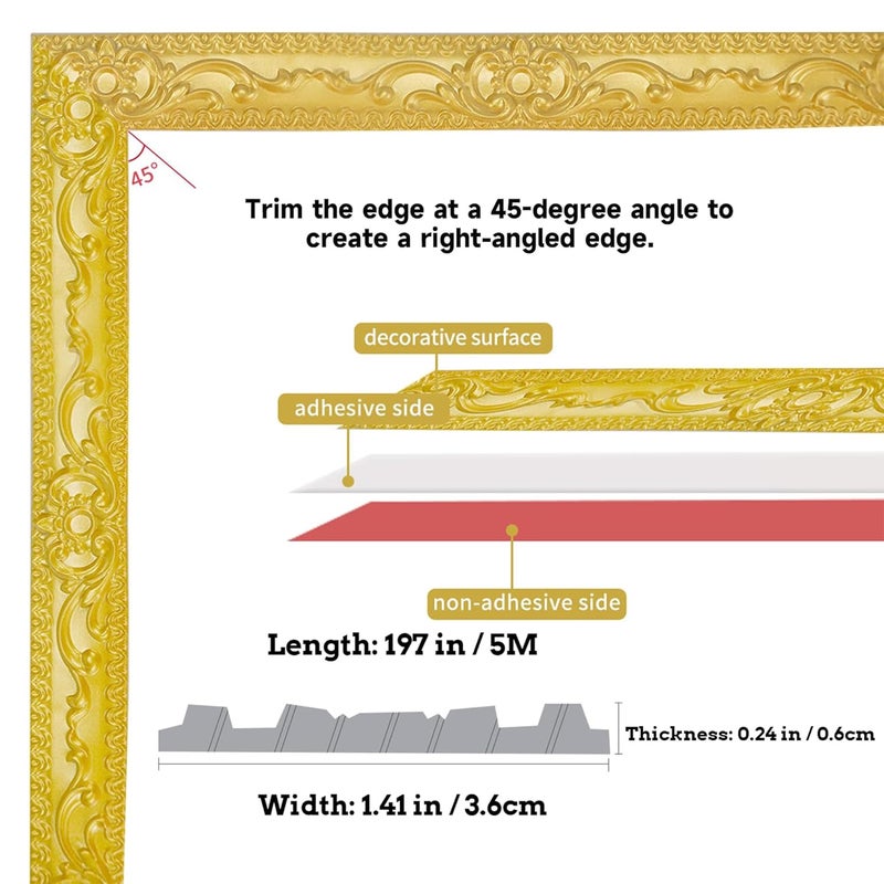 Leenevs Flexible Molding Trim Wall Trim, 16.4 Feet Self Adhesive Peel and Stick Molding Ceiling Molding, Cabinet Border, Mirror Frame Trim Wall Trim for Home Decor Wall Molding & Trim (Gold) - Image 2